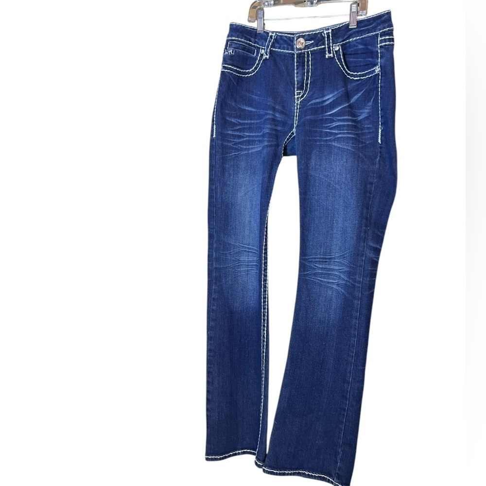 LA  Idol USA Jeans Womens Sz 11Blue Embroidered Bling Floral Thick Stitch Jewel